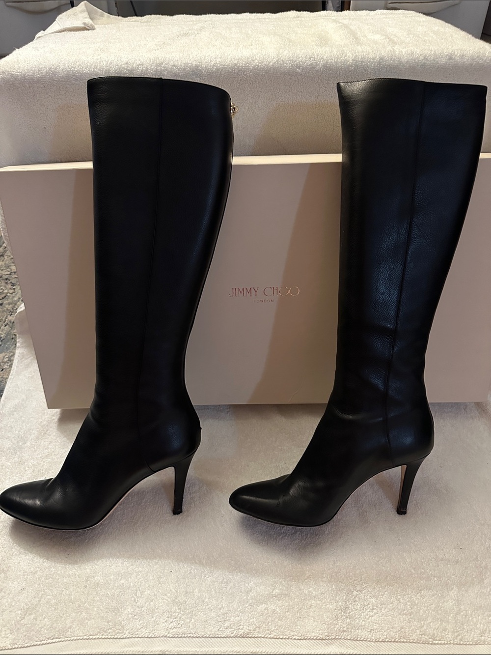 Gently Worn - Jimmy Choo Black Leather Knee-High Heeled Boots Size 38